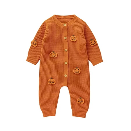 

Baby Boys Girls Halloween Jumpsuits Long Sleeve Round Neck Pumpkin Embroidery Rompers Newborn Clothes