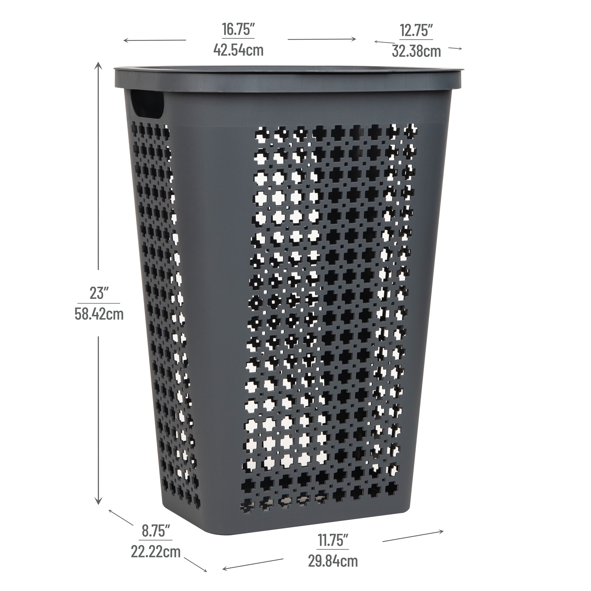 Mind Reader Plastic Tapered Laundry Hamper with Lid, Clothes Basket with Swiss Cross Cut-Outs, Grey