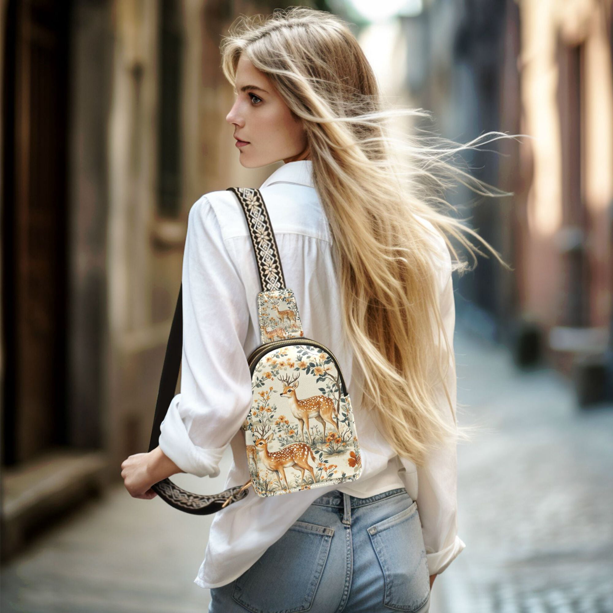 FORMRS Womens Crossbody Sling Bag Travel Daypack Shoulder Chest Backpack, Deer Pattern