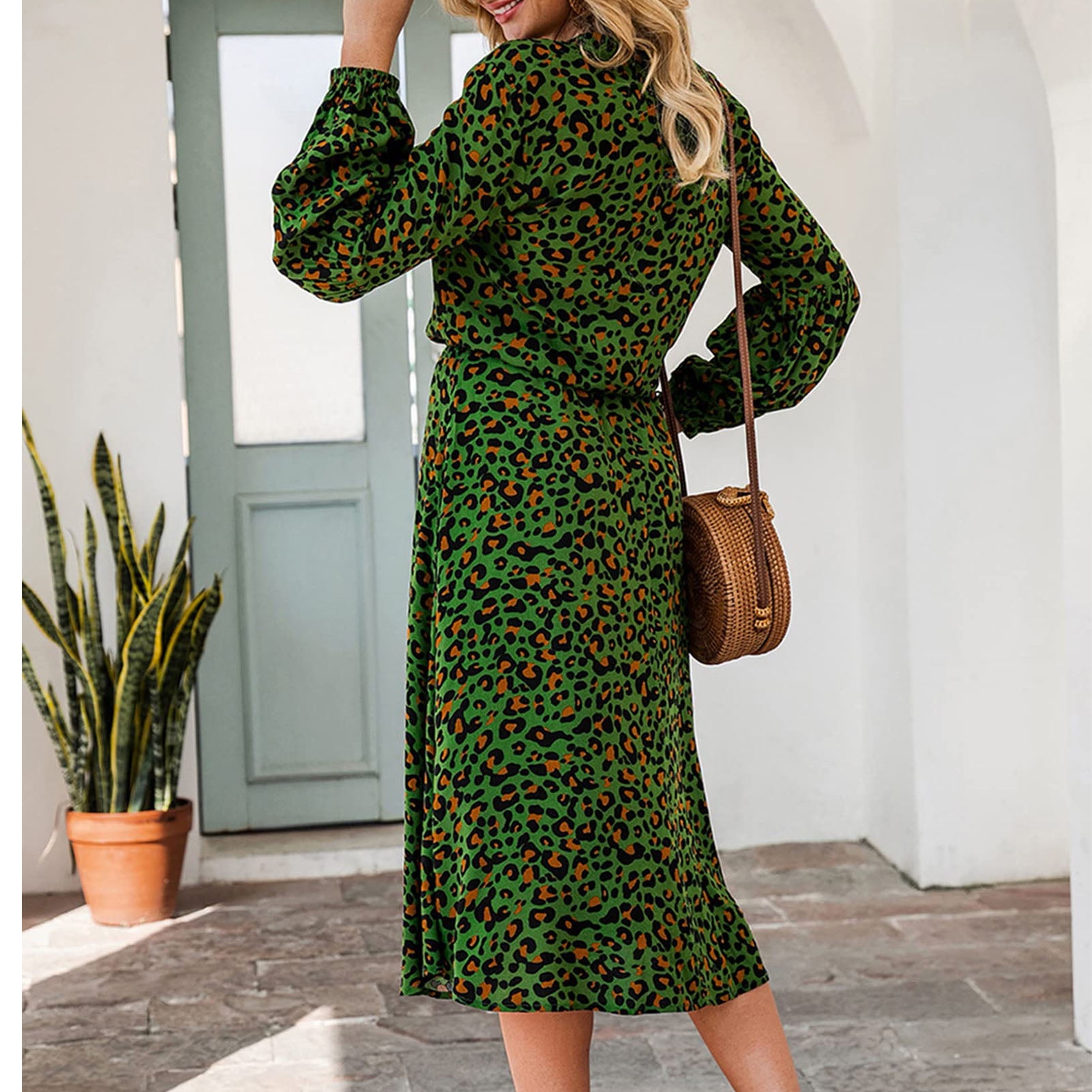 Knee Length Long Sleeve Dress Leopard Print Stand Collar Elegant Women Lantern Long Sleeve Dress For Lady For Dating For Holiday Green M Walmart