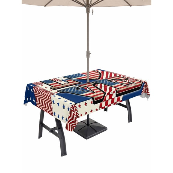 Outdoor Tablecloth with Umbrella Hole for Patio/Picnic/Party/Camping, 4th of July Waterproof Table Cloth Rectangle Table Cover Washable, Independence Day American Patriotic Red Blue (60"x 102")