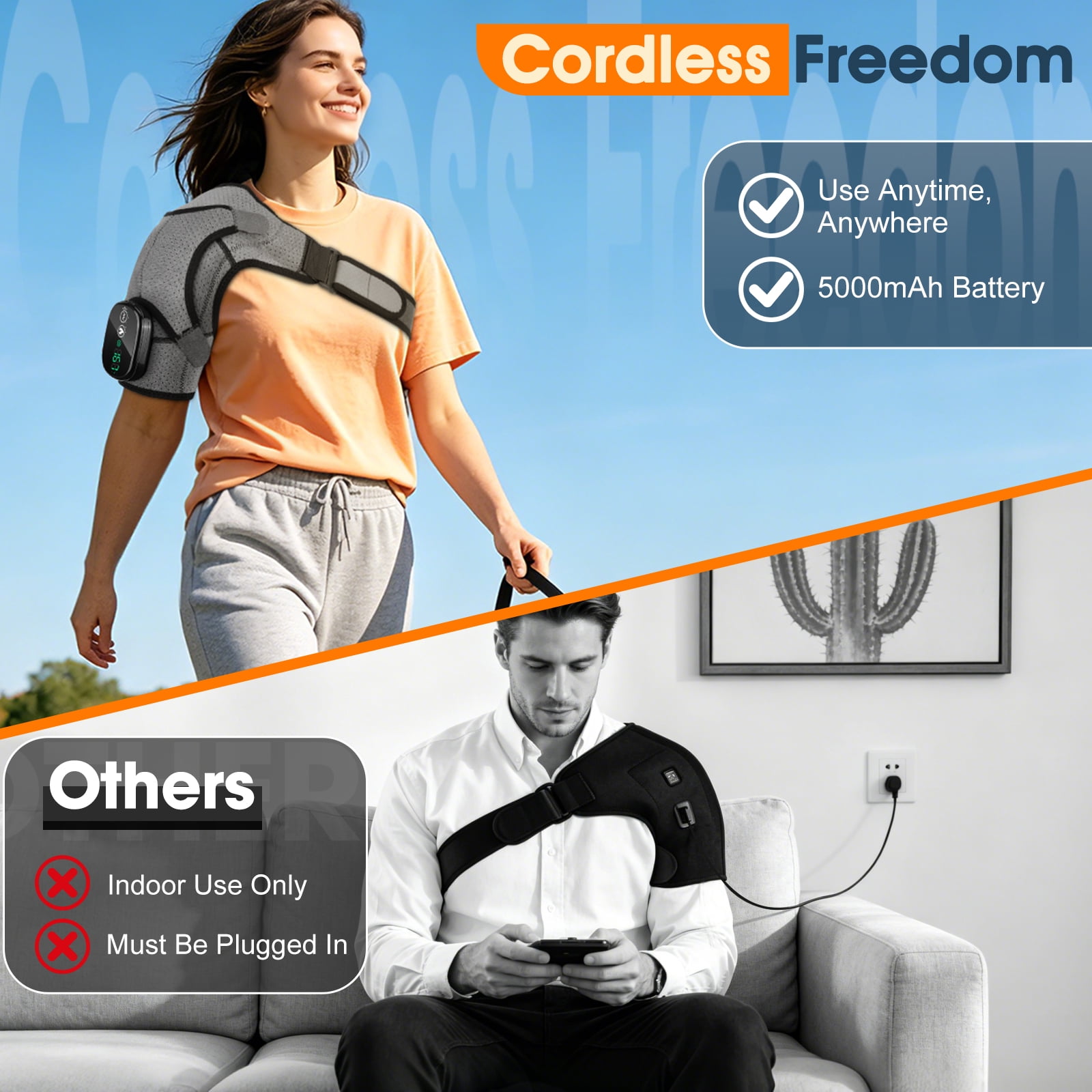 Heated Shoulder Brace Wrap, Electric Shoulder Heating Pad with Massage, Cordless Heated Shoulder Massager with 3 Heat & Vibration for Men Women,Gray