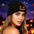 thumbnail image 2 of CUZIBR Women Knitted Beanie Hat Halloween Pumpkin Face Pattern Soft Stretchy Thermal Fall Winter Hat Holiday Party Cosplay Headwear For Adults, 2 of 4