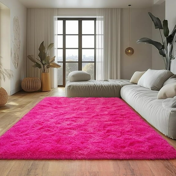 Large Fuzzy Rug 8x10 Feet Hot Pink Fluffy Rug for Living Room, Big Plush Non-Skid Shag Carpet, Soft Shaggy Rugs for Bedroom Indoor Modern Home Decor
