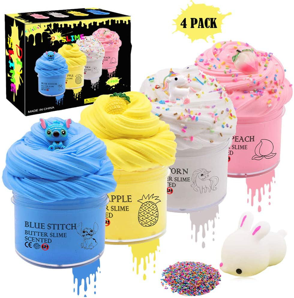 4 Pack Fluffy Slime Scented Unicorn Butter Slime Stretchy Non-Sticky Cotton Toy 