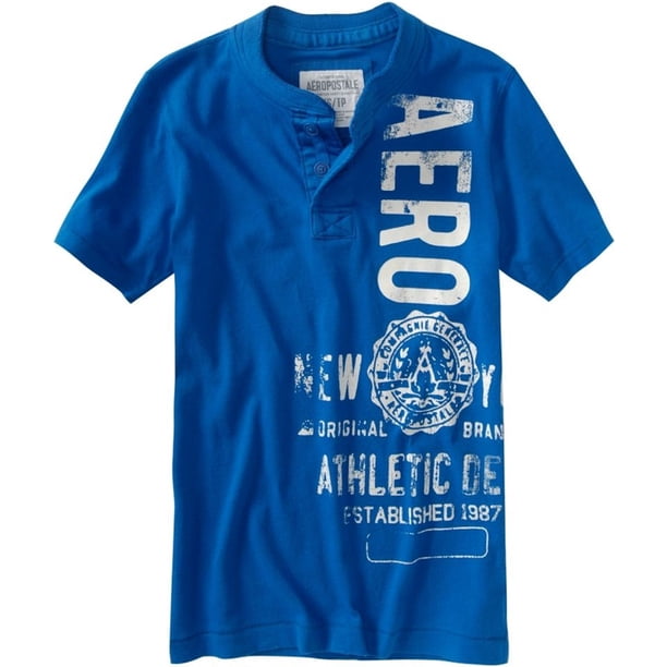 Aeropostale - Camiseta para hombre con estampado de pantalla sólida Aero Henley, azul, pequeño