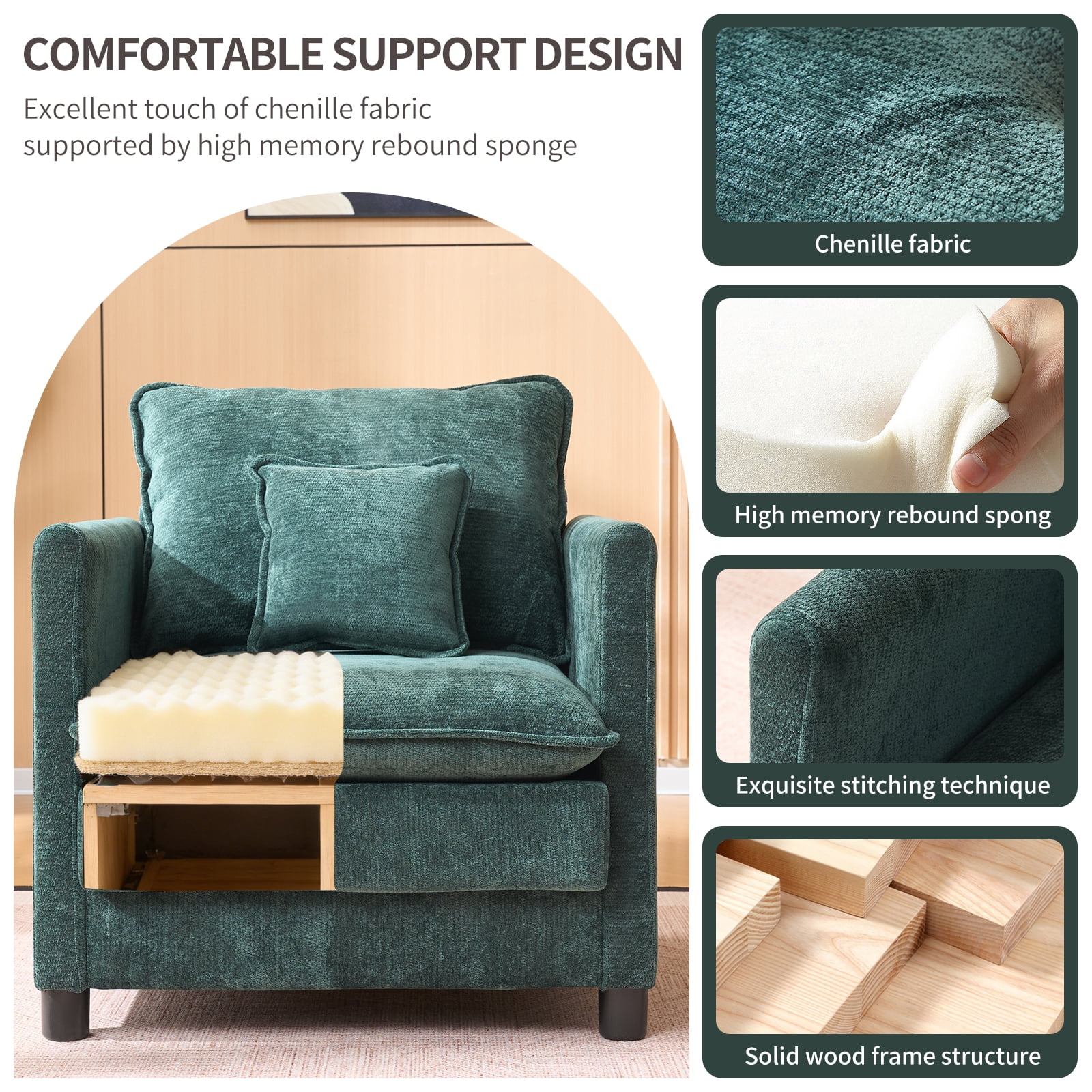 Modern Accent Chair,Linen Single Sofa Chair,Modern Reading Armchair with Pillow for Living Room,Bedroom,Dark Green
