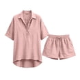 thumbnail image 5 of Linen Lounge Short Sets for Women Summer Two Piece Shorts and Short Sleeve Top Matching Sets Casual Beach Outfits Pink S, 5 of 7