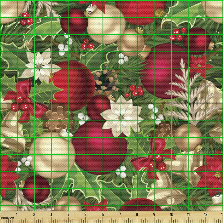 Christmas Fabric by the Yard, Tree Branches Spruce Leaves Balls Bells Cones  Poinsettia Flowers Mistletoe Berry, Decorative Upholstery Fabric for Chairs  & Home Accents, Multicolor by Ambesonne 