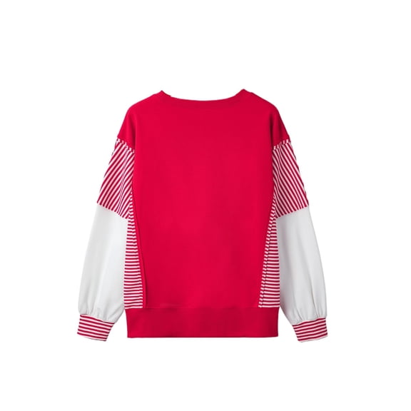 Women's Fiery Red Striped Colorblock Sweatshirt – Casual Long Sleeve Daily Wear | XL