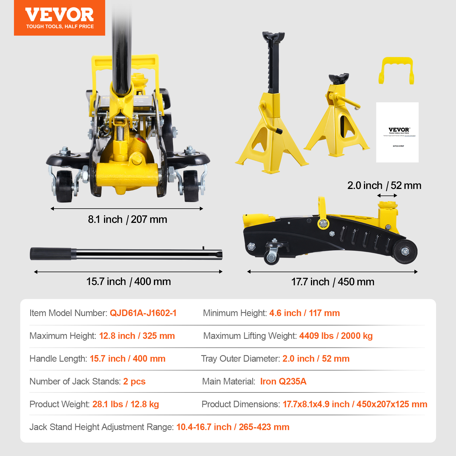 VEVOR Low Profile Floor Jack 2 Ton (4400 lbs),Heavy Duty Iron Hydraulic Racing Floor Jack,Hydraulic Car Jack with Jack Stands,Single Piston Quick Lift Pump, 4.6"-12.8" Height Lifting Range(Yellow)