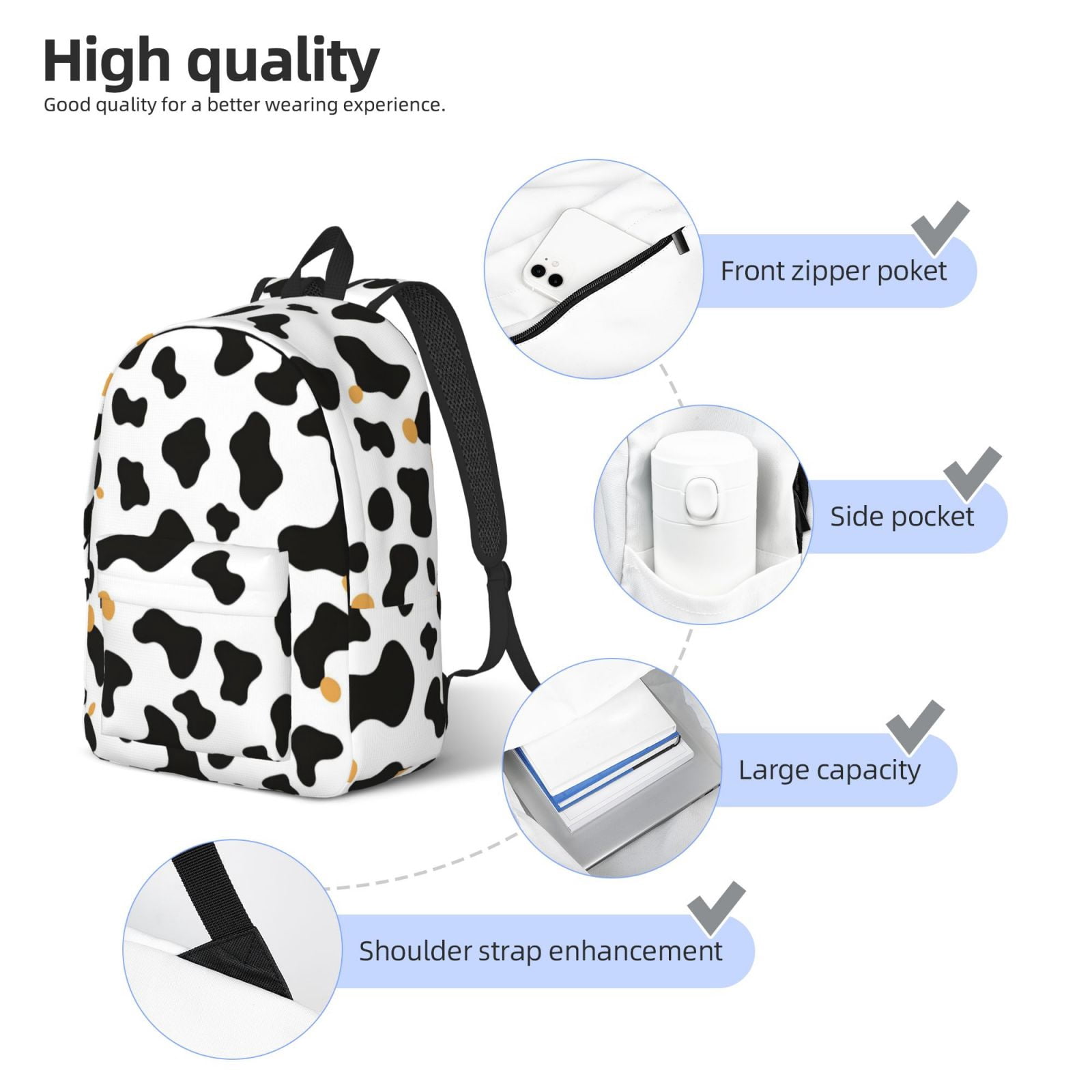 Casual Canvas Backpack Without Interlayer Large Capacity Stick Bag Design For Outdoor Shopping Office Outdoor Sports Simple Cow Print Pattern, Vector Art Style_2 Medium