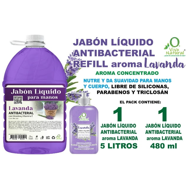 Jabón Líquido Antibacterial VivoNatural aroma Lavanda. Refill 5 lts + 480 ml