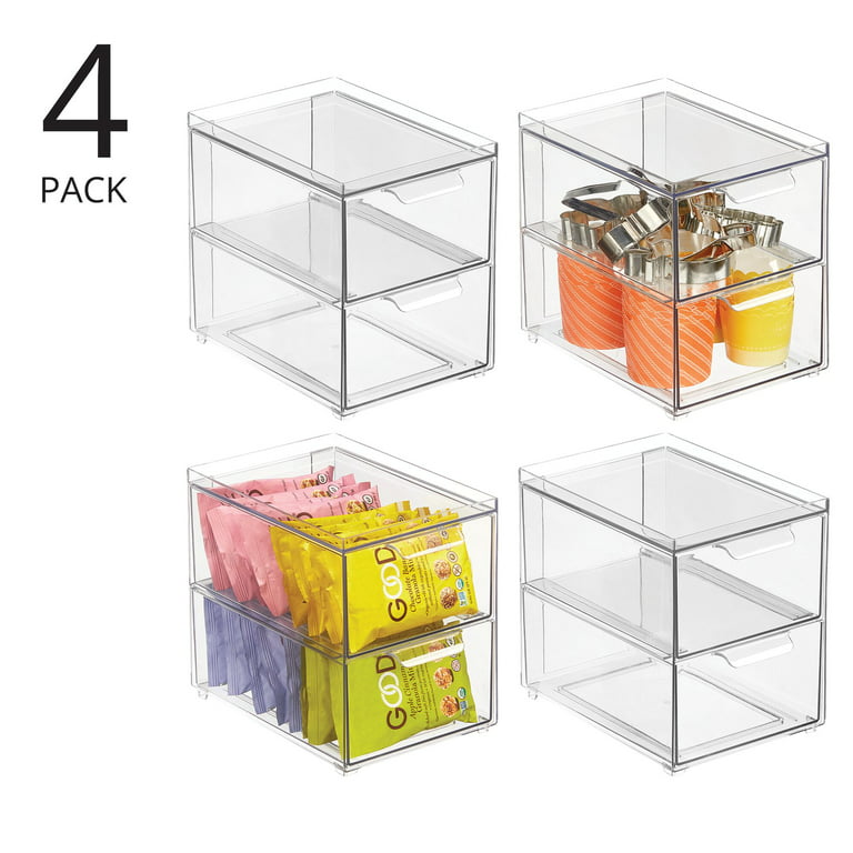 mDesign Plastic Stackable Kitchen Storage Bin, Pull-Out Drawer - 4 Pack,  Clear