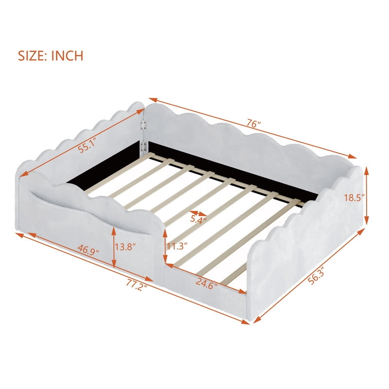 Full Size Upholstered Floor Bed, Faux Rabbit Fur Daybed Frame with 2 Storage Pockets, Kids Bed with Wavy Design Fence