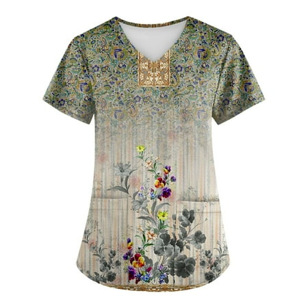 

SENDKEEL Summer Tops Plus Size Retro Flower Printed Scrub Working Uniform Tops For Women Cross V-Neck Short Sleeve Fun T-Shirts Workwear Tee With Pockets