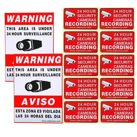 VideoSecu Warning Sign 2 Large Decals 10 Small Stickers for CCTV Security Camera Surveillance DVR System ckk