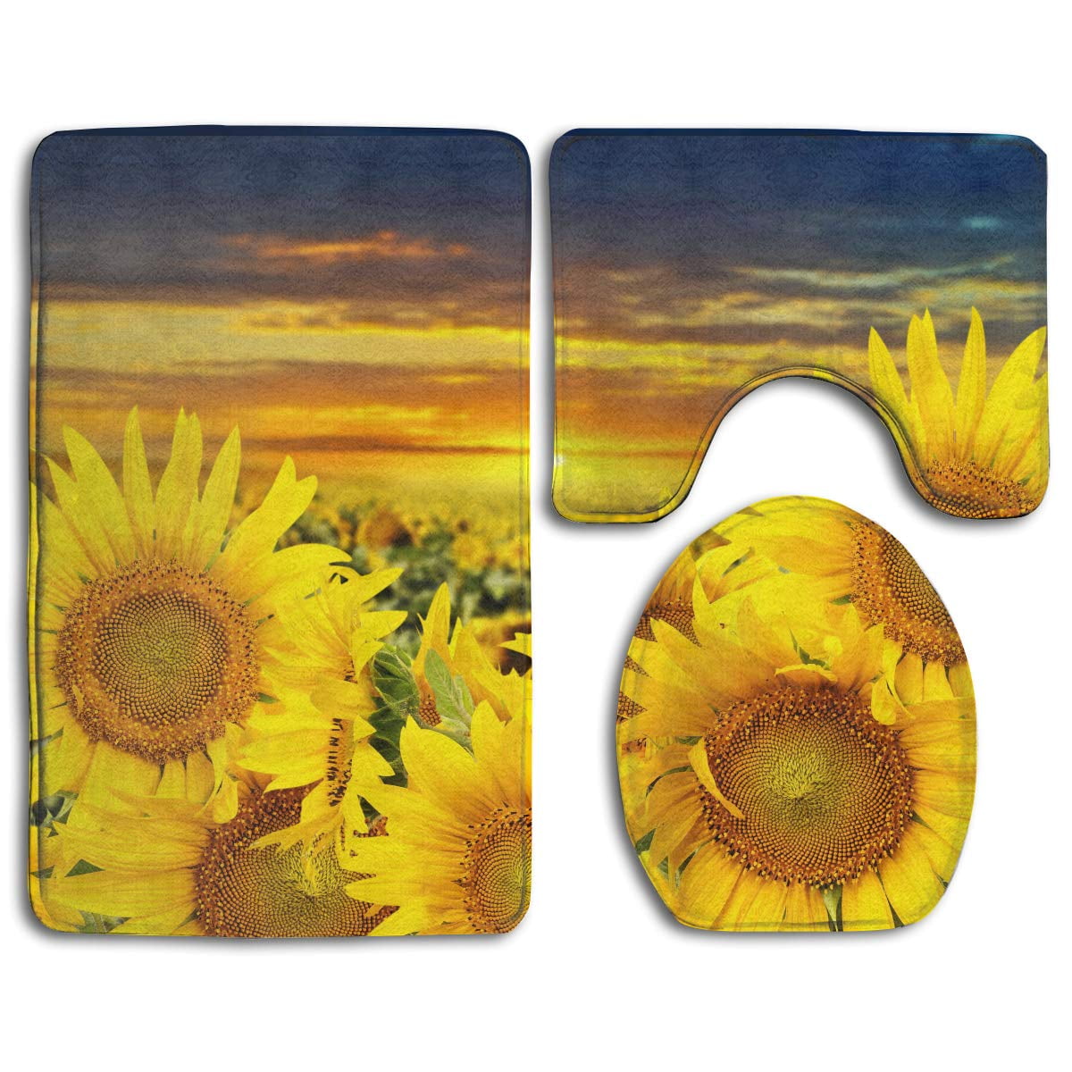 GOHAO Yellow Sunest Sunflower Field 3 Piece Bathroom Rugs Set Bath Rug