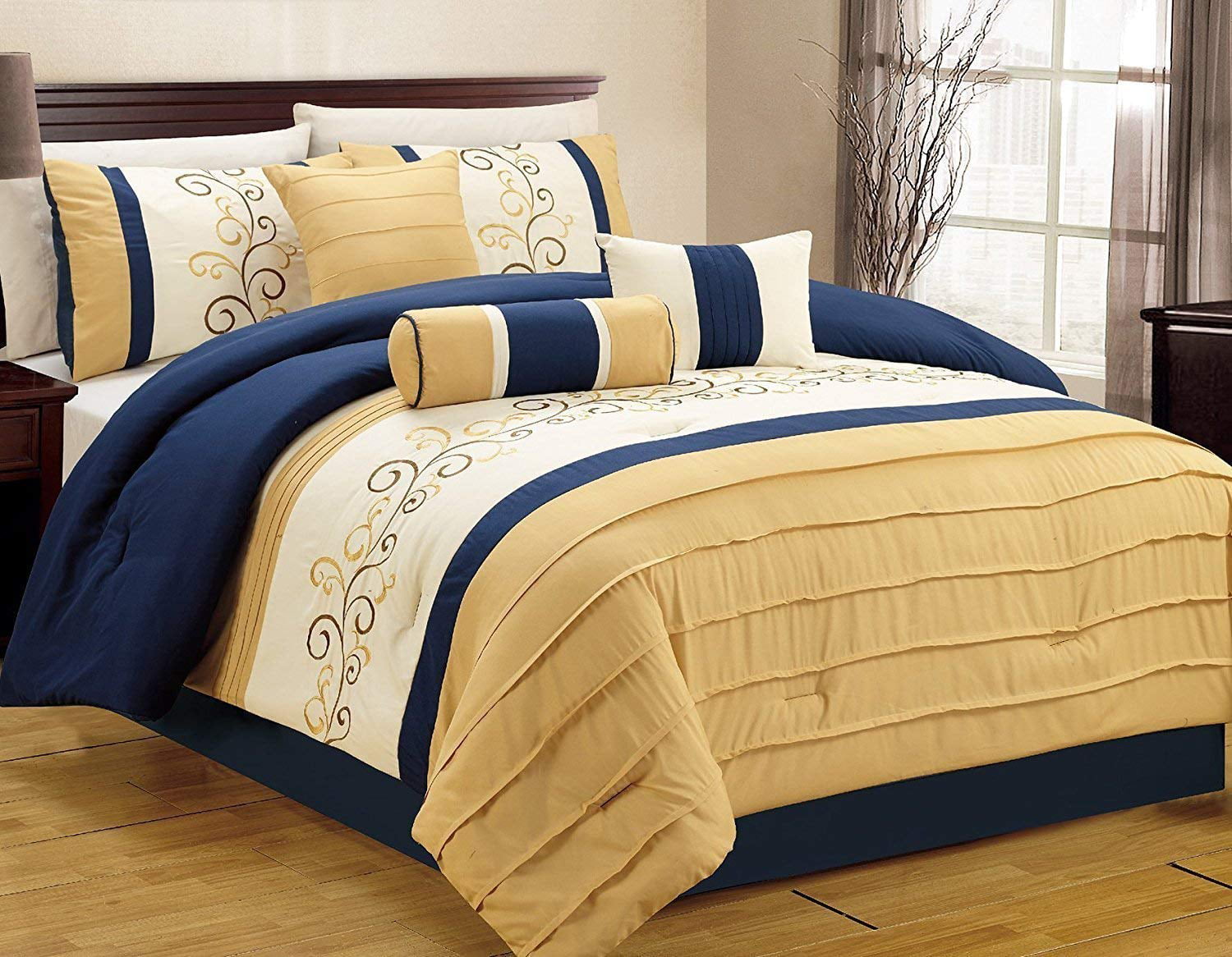 Luxlen p-20816-bluey-calk Closeout 7 Piece Luxury Embroidery Bed in Bag Comforter Set Cal King, Blue/Yellow