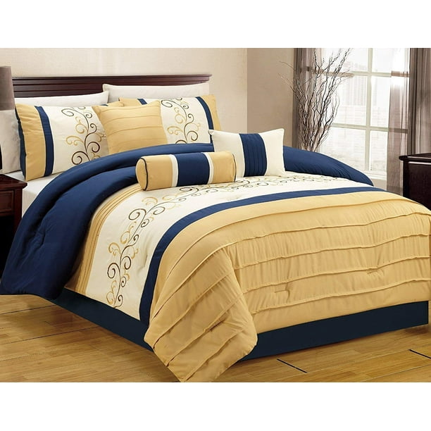 Hgmart Bedding Comforter Set Bed In A Bag 7 Piece Luxury Embroidery Bedding Sets Microfiber Bedroom Comforters Queen Blue Yellow Walmart Com Walmart Com
