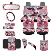 Jeiento Cow Pink Car Seat Covers Set with Steering Wheel Cover Seat Belt Pads Garbage Bag Flowers Armrest Cover Handbrake Cover Set Rear View Mirror Protector Coasters Auto Accessory Fit for SUV Van