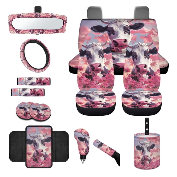 Yuyamidu 14 Piece Cow Car Seat Cover Full Set Pink Flower Steering Wheel Cover Seat Belt Cover Trash Can Rear View Mirror Cover Coaster Center Console Cover Gear Shift Knob Cover Set, Universal Fit