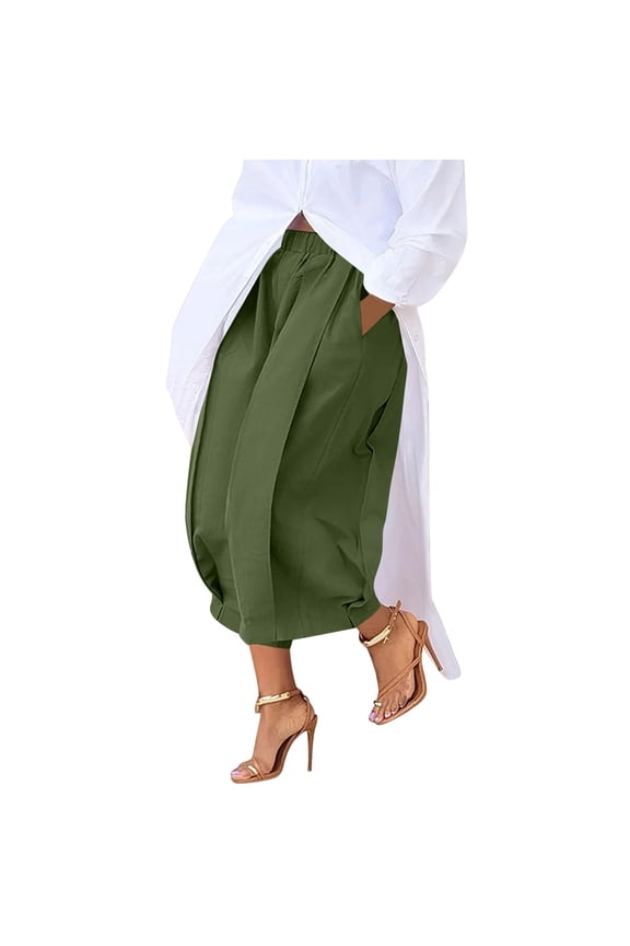 Women's Wide-Leg Culottes with Pockets Elastic Waist Casual Palazzo Pants Twill Pleated Cropped Trousers Comfortable Breathable Fashion S-2XL
