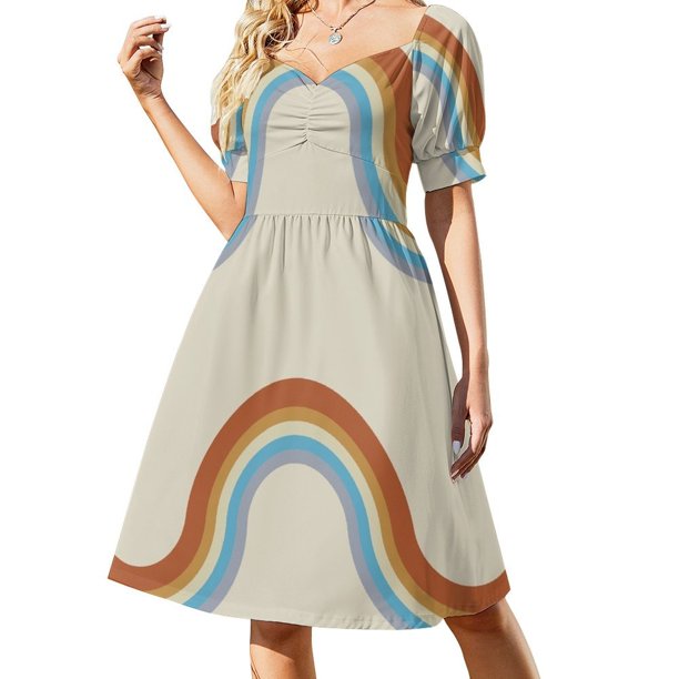 Vestido de noche de mujer de manga corta con rayas estilo retro de los años 70, vestido de verano 2025