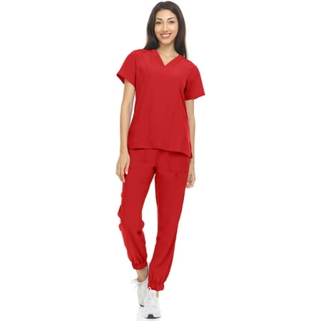 

Hey Collection Womens Stretch Colorful V-Neck Jogger Scrubs Set Medical Nursing Tops with Four Pocket Scrubs Jogger Pants