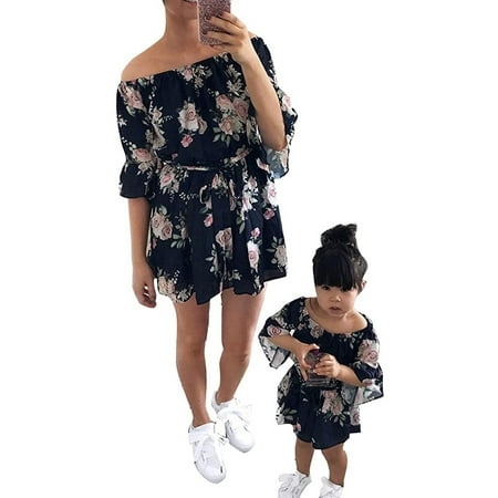 

Mother Daughter Short Bell Sleeve High Waist Skater Dress Off-Shoulder Floral Print Mini Dress