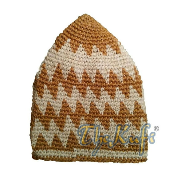 Hand-Crocheted Cotton Sturdy Rust Brown  Khaki Zigzag Kufi Hat