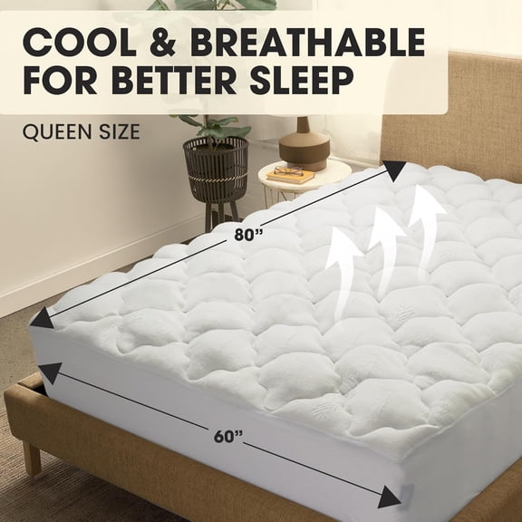 Queen Size Rayon from Bamboo Mattress Topper – Thick, Plush, and Cooling Mattress Pad, Machine Washable Mattress Topper for Queen Bed