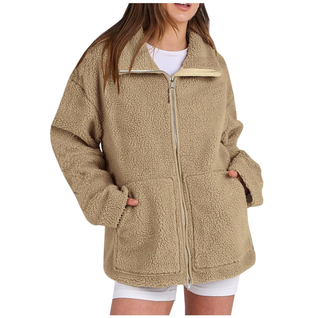 Atogsazn Veste en Polaire pour Femmes Décontractée à Fermeture Éclair Manches Longues Chaude d'Hiver avec Poches Kaki TTG Mode