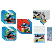 Thomas the Train Birthday Party Supplies Bundle includes 16 Paper Plates 7", 16 Paper Napkins 2-Ply 6.5", 1 Plastic Table Cover 54" x 96", 1 Dinosaur Sticker Sheet