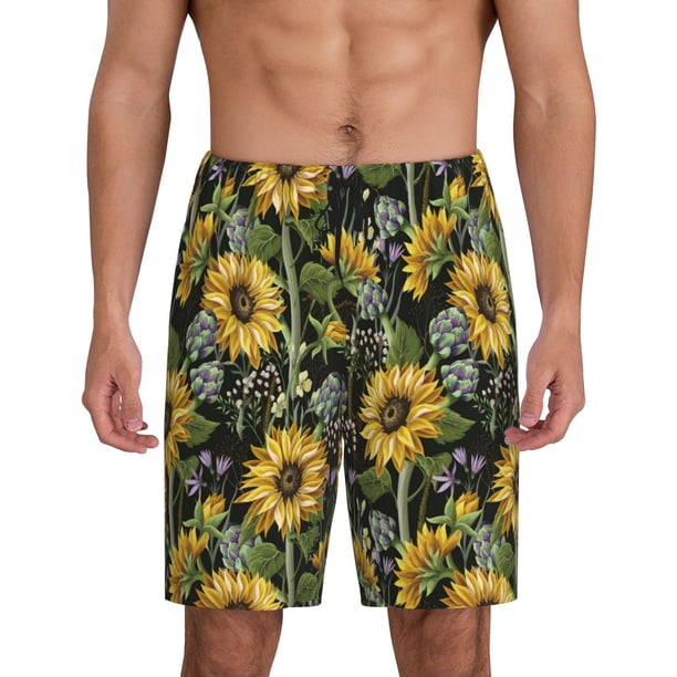 Balery Sunflowers Pantalones cortos de pijama de punto de algodón para hombre con cinturilla y bolsillos-4X-Large
