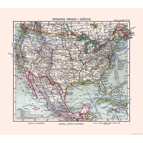 Historic Map - North America United States Mexico - Perthes 1921 - 26.02 x 23 - Vintage Wall Art