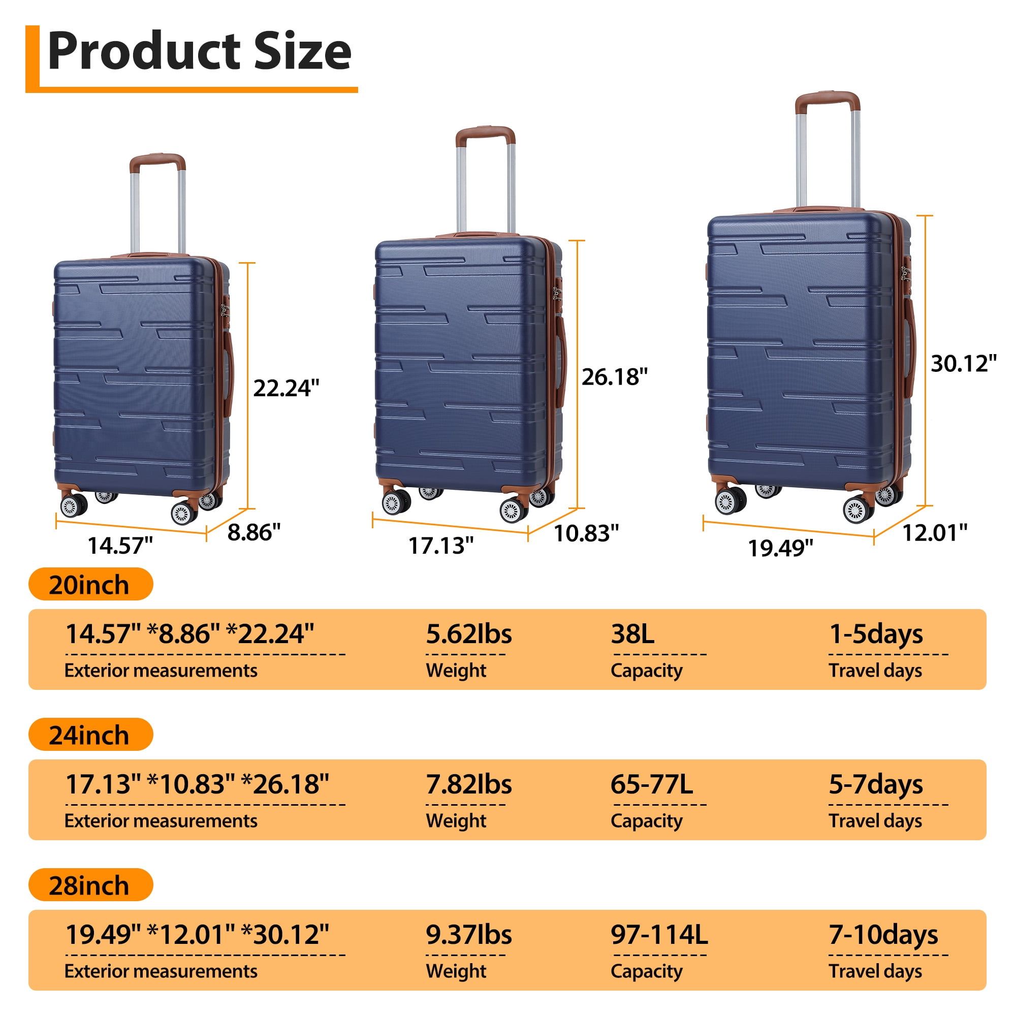 TEQIN 3 Piece Hardshell Luggage Set,Expandable Suitcases With Wheels (20 In/24 In/28 In),Lightweight Suitcase Set 3pcs With TSA Locks ,Durable Hardside Luggage Rolling Suitcase For Travel