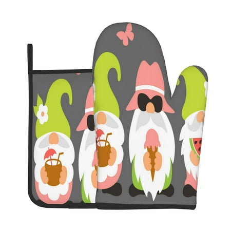 

Jgfou Summer Gnome 1 Pattern Oven Mitts and Pot Holders Sets Heat Resistant Oven Mittens Soft Lining Extra Thicken Long Kitchen Cotton Oven Glove for Cooking