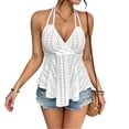 thumbnail image 2 of Halter Tops for Women V Neck Hollow Mesh Going Out Outfits Y2k Babydoll Top Sleeveless Clubwear, 2 of 5