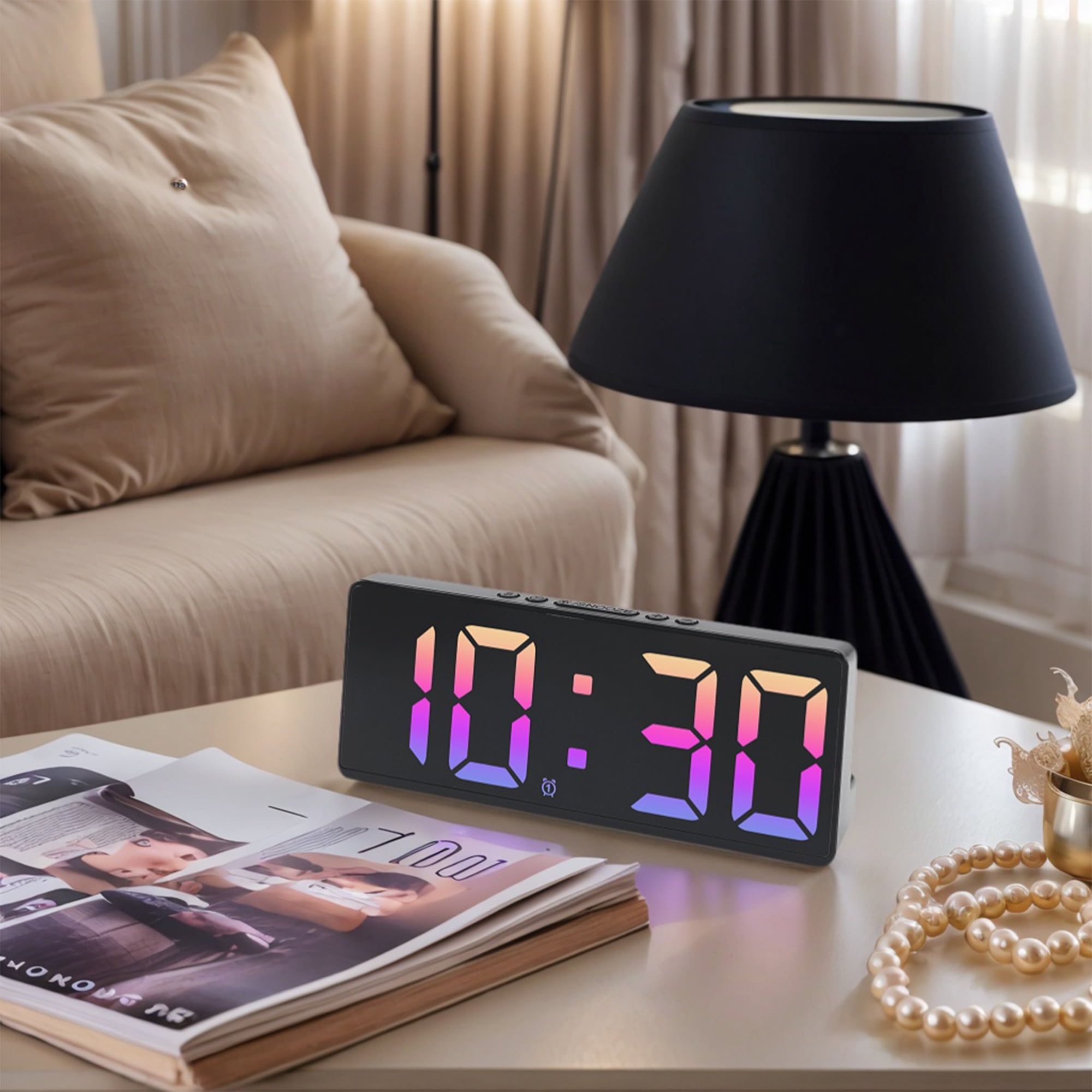 Unique Bargains Alarm Clock Black Housing and Pink Color Light 6.1"L x 0.9"W x 2.5"H