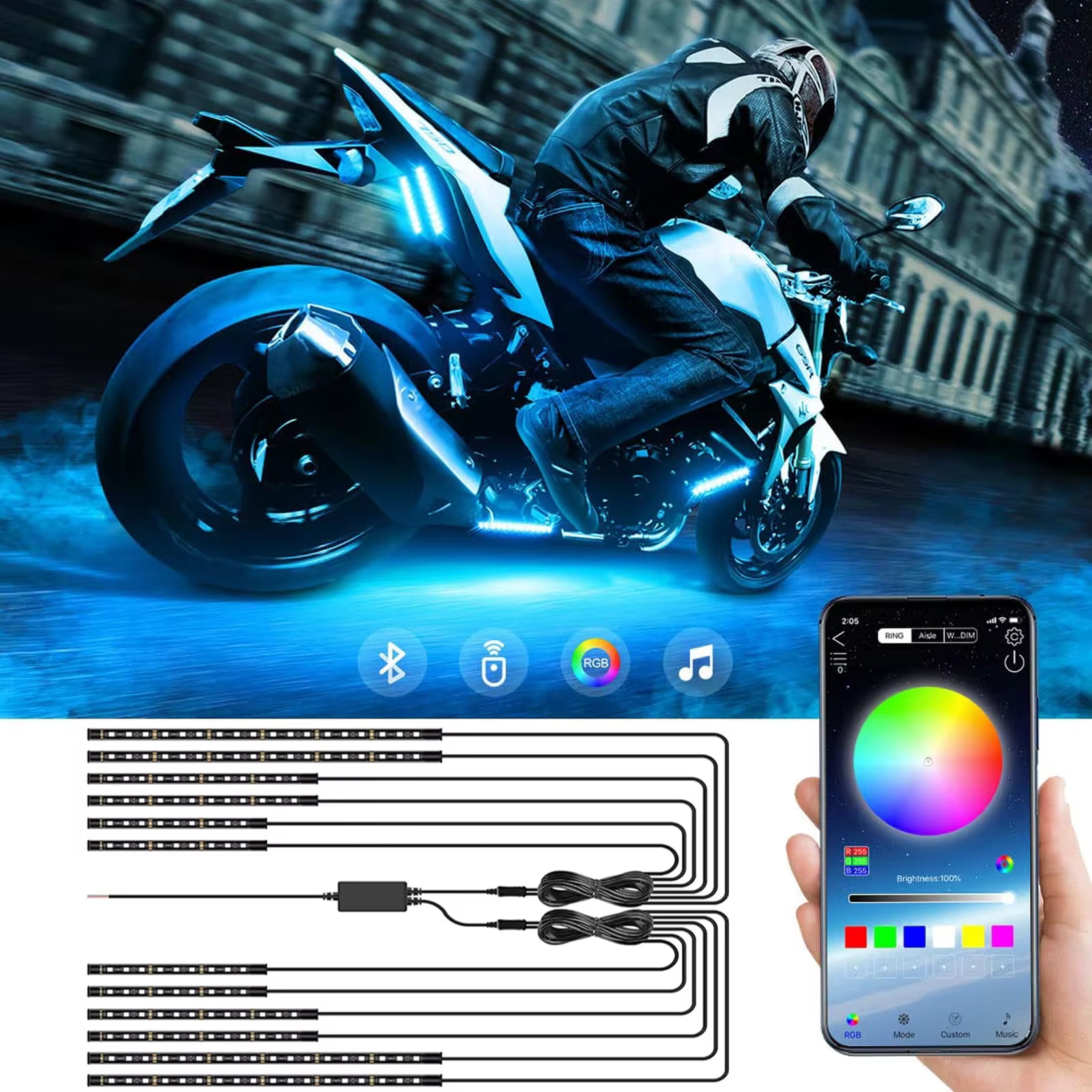 AUTOXBERT 12PCS Motorcycle Underglow RGB LED Strip Motorcycle Light Kit Bluetooth APP Control Waterproof (6.8/8.9/12.8 in)