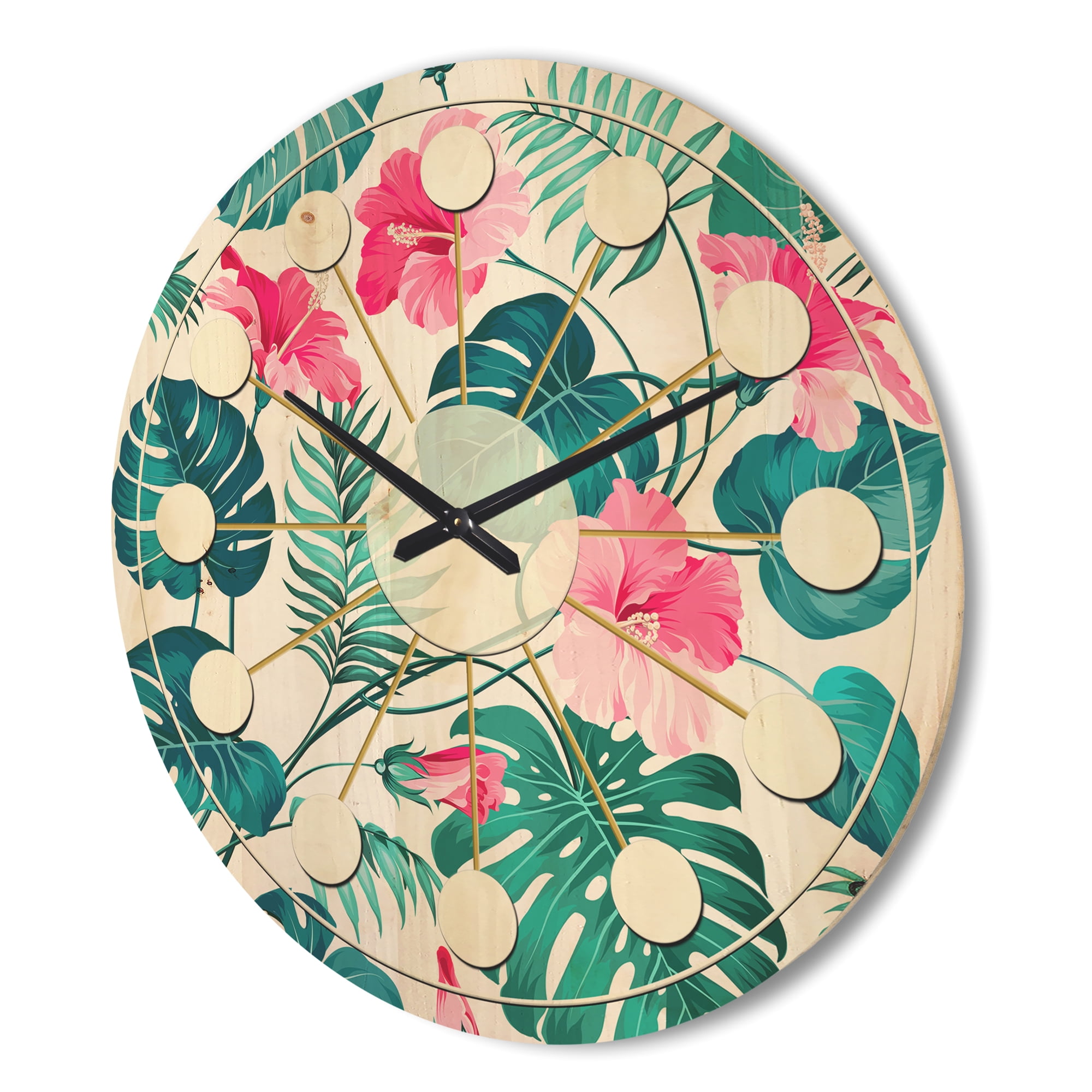 Designart 'Flowers and Tropical Botanicals I' Mid-Century Modern Wood Wall Clock
