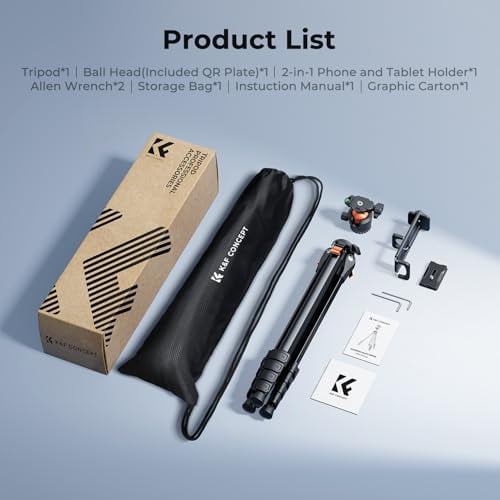 K&F CONCEPT 73" Aluminum Compact Camera Tripod, Portable Travel Tripod Compatible with iPhone, 22 lbs Capacity Arca Swiss Ball Head for DSLR Mirrorless, Laser Level, Hunting