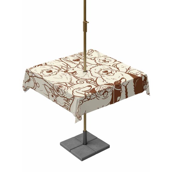 Outdoor Tablecloth with Umbrella Hole for Patio/Picnic/Party/Camping, Brown Dog Waterproof Table Cloth Square Cover Washable, Cute Line Cartoon Funny Animals (60"x 60")