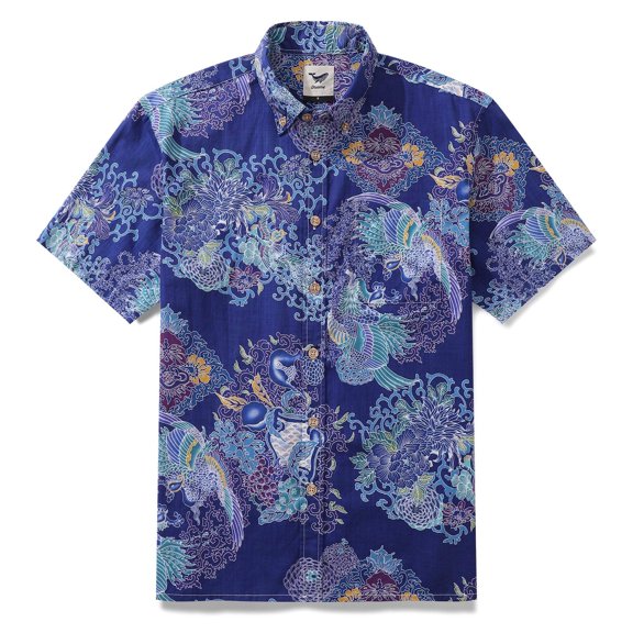 YIUME Hawaiian Shirts For Men Phoenix Picture Print Shirt 100% Cotton - Blue
