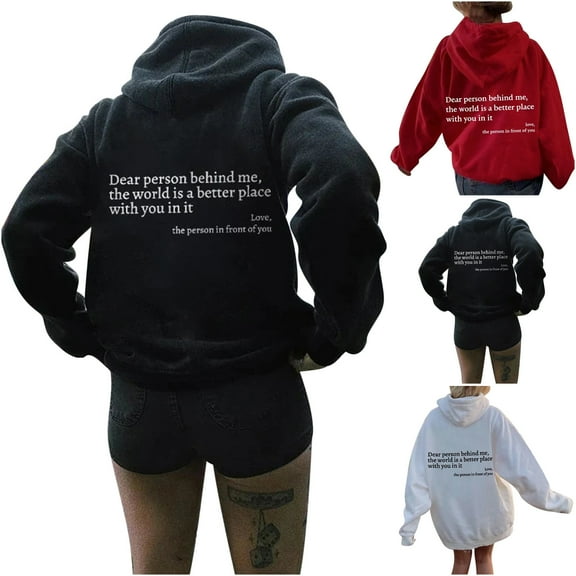 Womens Casual Hoodies Letter Graphic Print Long Sleeve Drawstring Hooded Sweatshirt Pullover Loose Oversized Top with Pockets