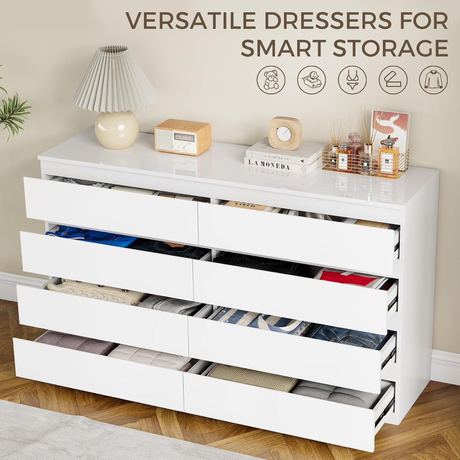 Selooye 8-Drawer Modern Wood Dresser, Wide Chest Drawers