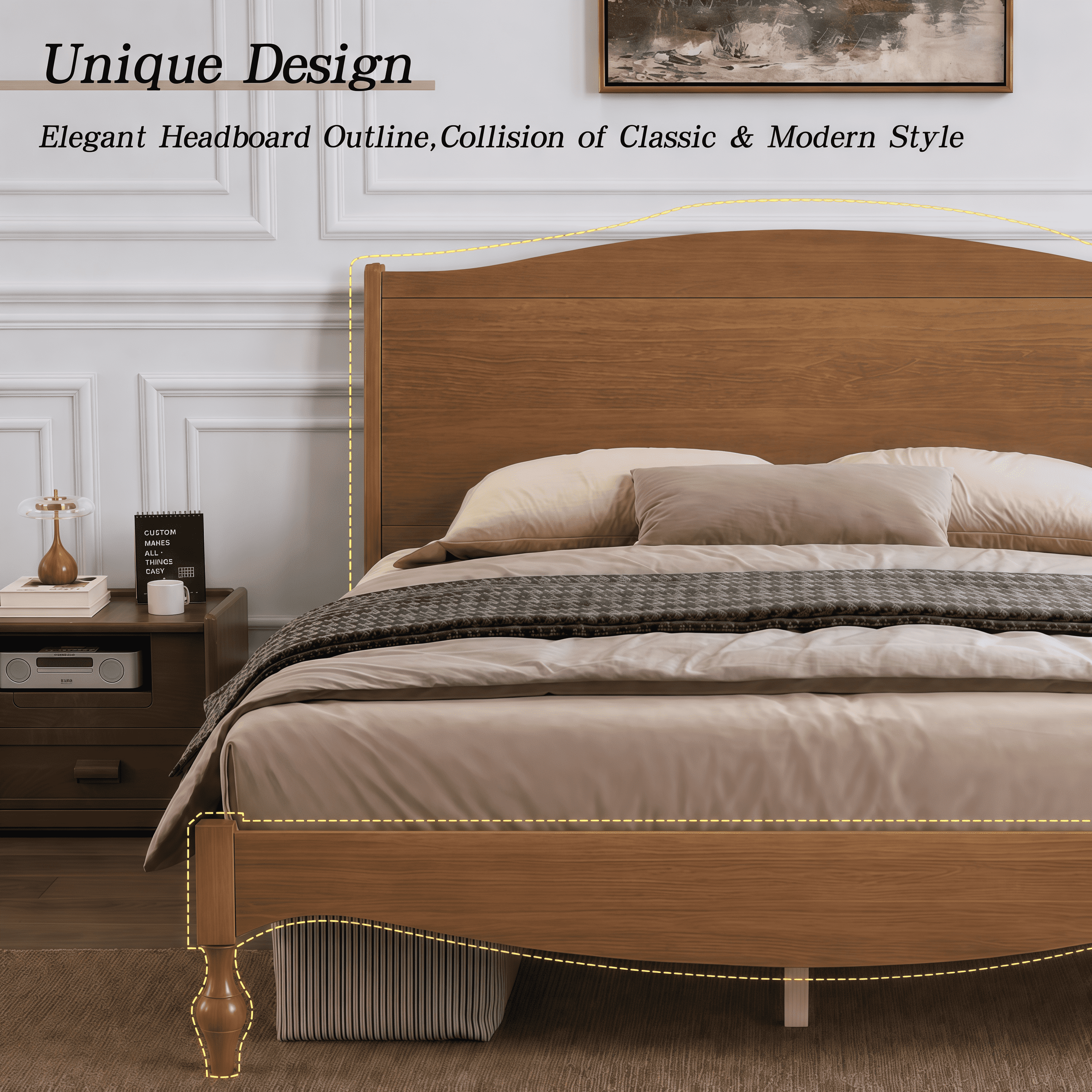 Euroco Wood Queen Size Platform Bed with Traditional Arched Headboard, Vintage Bed Frame, No Box Spring Needed, Light Walnut