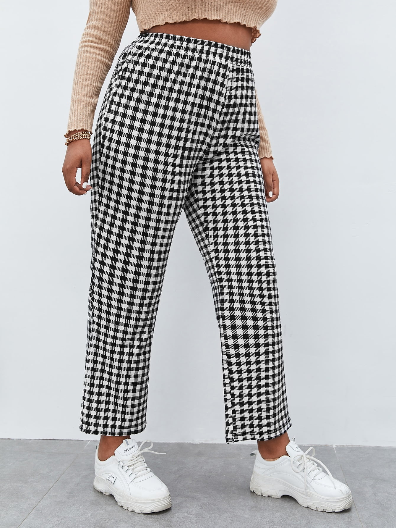 Gingham Elastic Waist Pants 