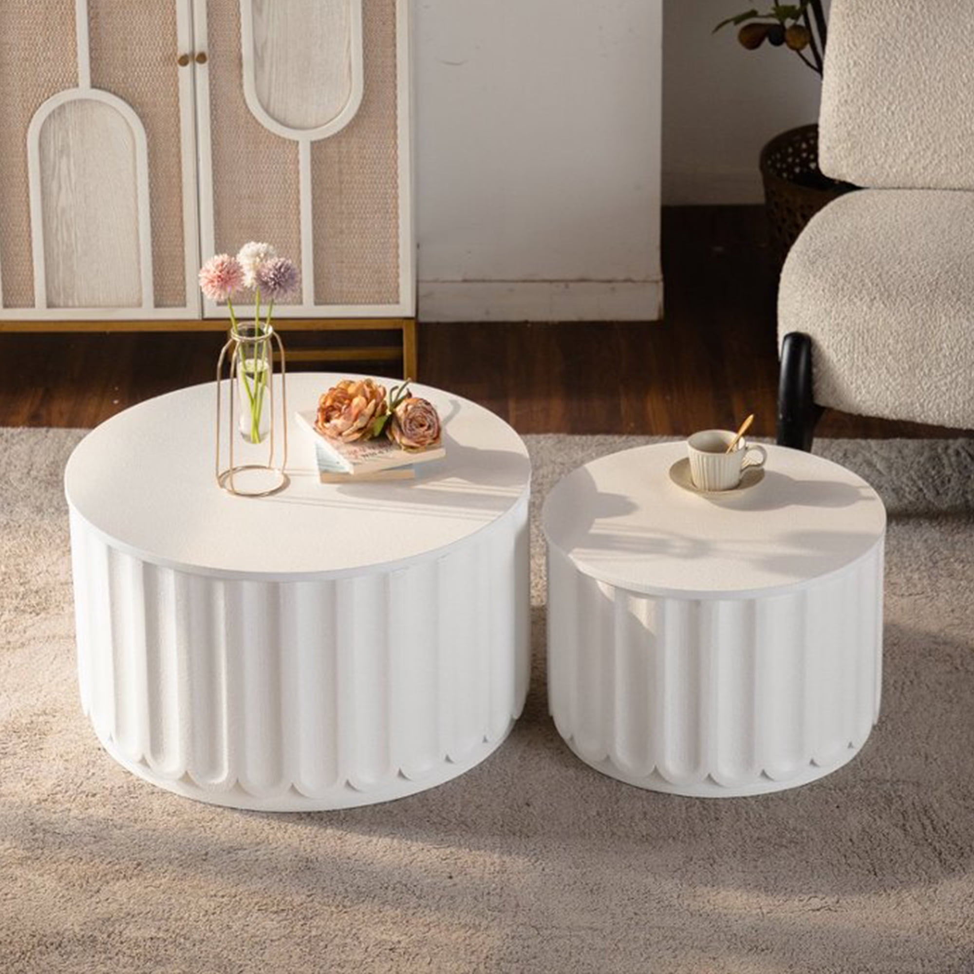 Leumius White Round Storage Table Set with Lift-Off Lid, Nesting Design, Elegant Curved-Edge Shape for Living Room Apartment